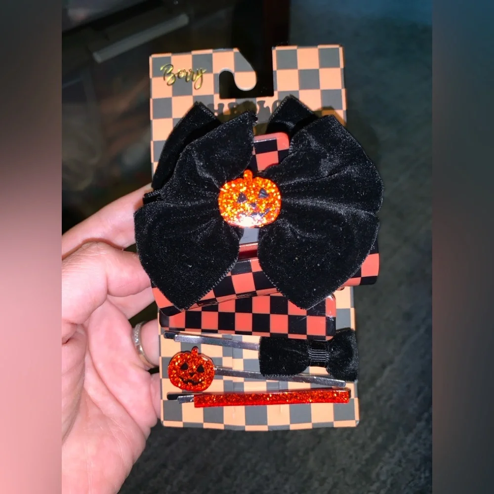 Sparkly Pumpkin Hair Clip Set - Black and Orange‎
